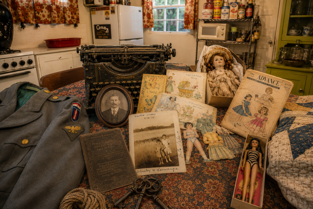 Vintage typewriter, dolls, uniform, photos, and sewing pattern
