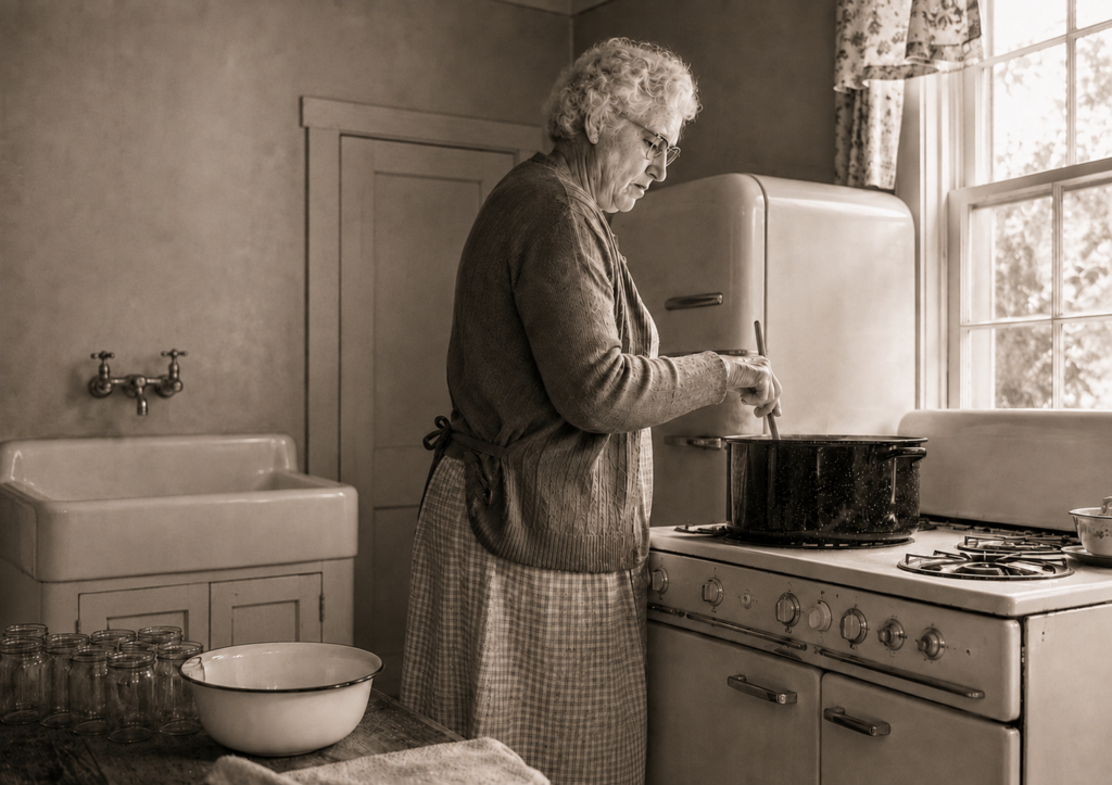 Elderly woman stirring pot in vintage kitchen