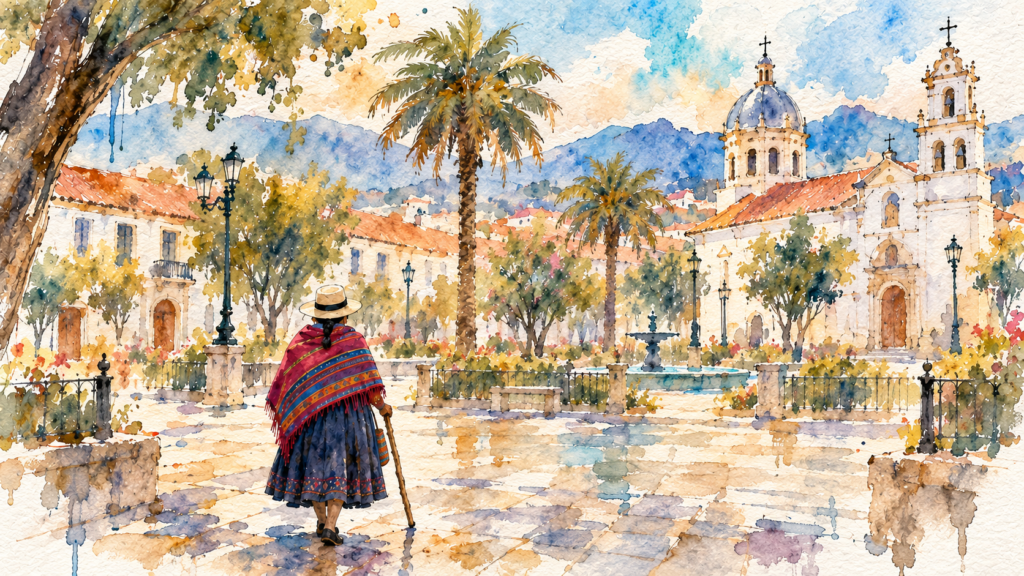 Woman in traditional dress walks through a church plaza